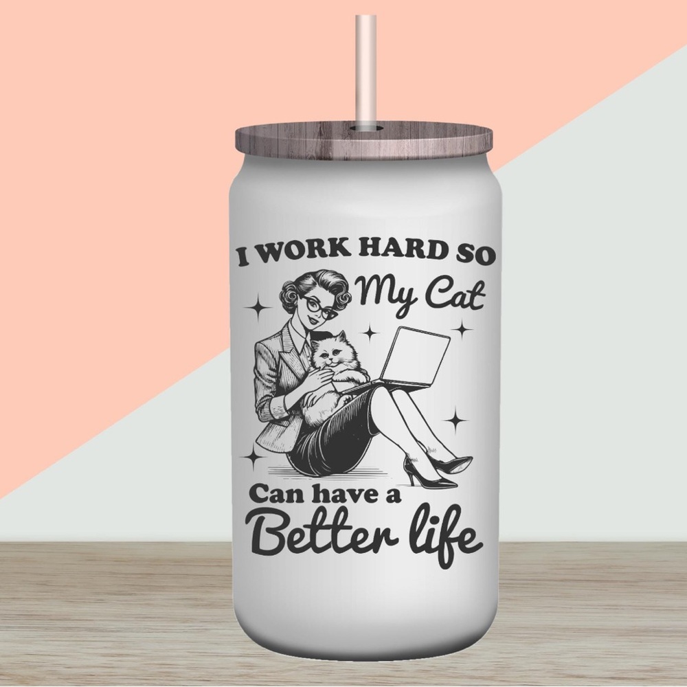 Work Hard Cat Glass Coffee Can